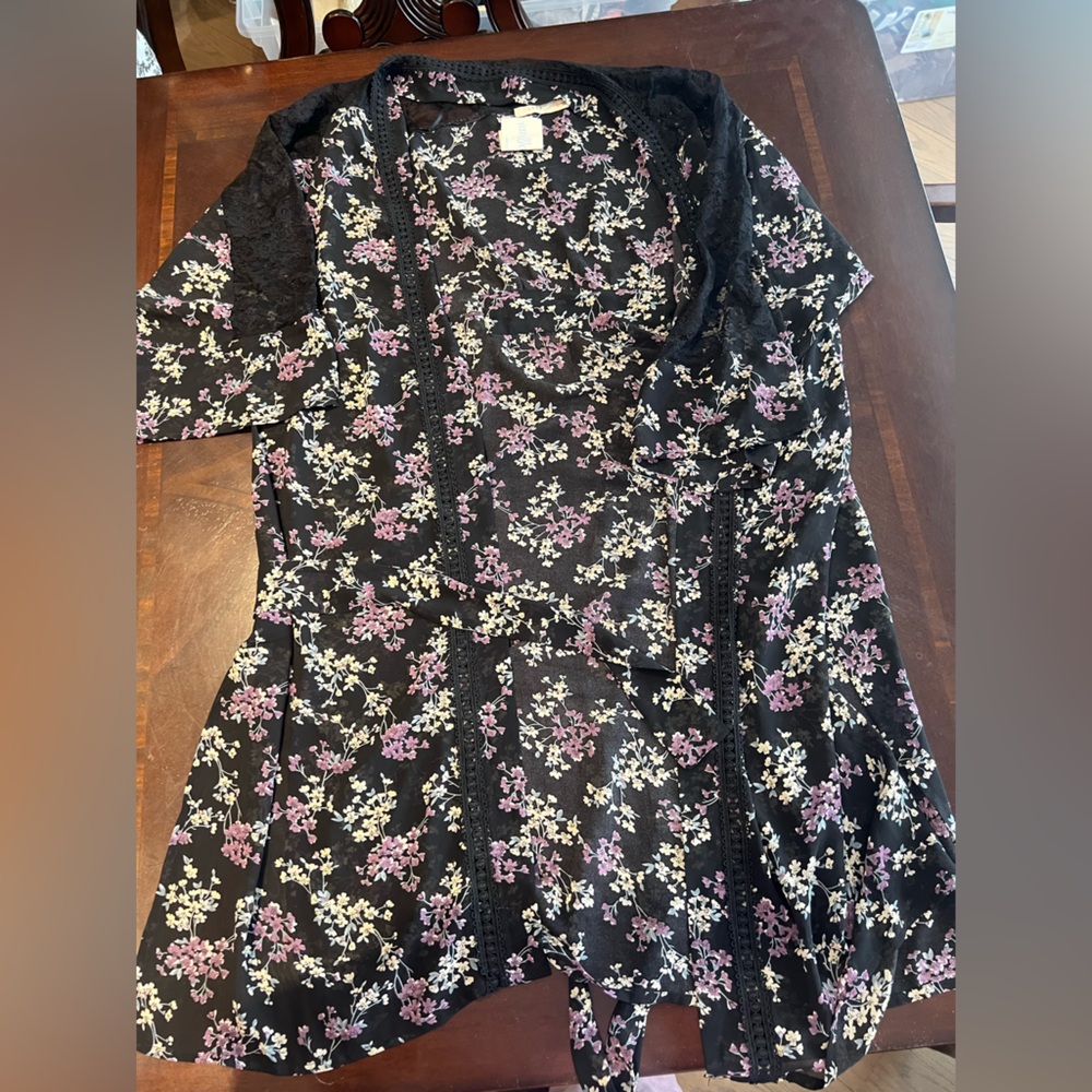 Lush Black Floral Kimono with Purple and White Accents